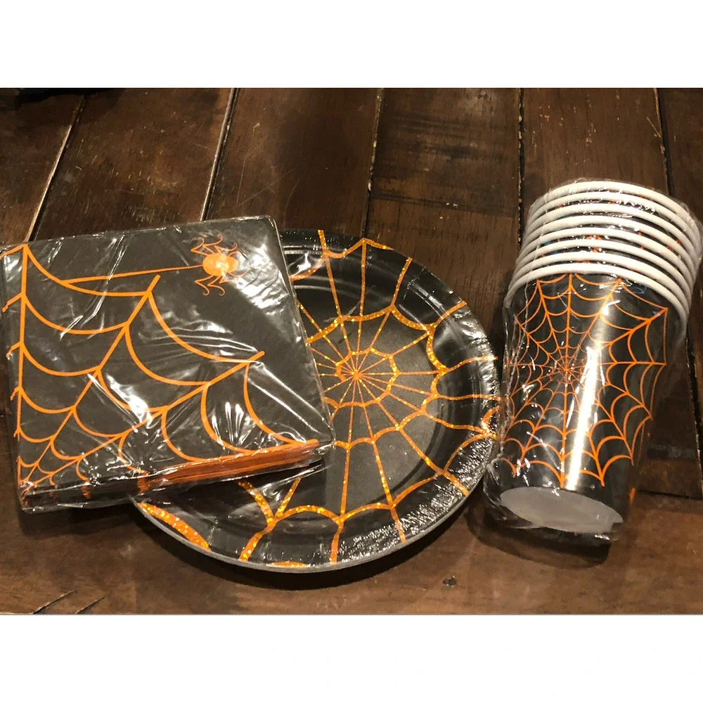 NWT HALLOWEEN PARTY Bundle Dessert Plates Napkins Cups Set Spider‎ Web Spider